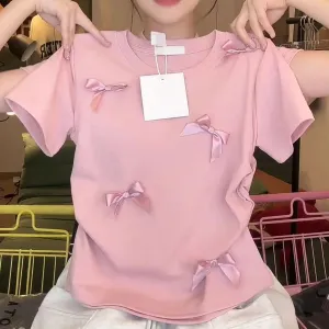 Women's T-shirt Short Sleeve T-Shirts Patchwork Casual Preppy Style Solid Color Bow Knot