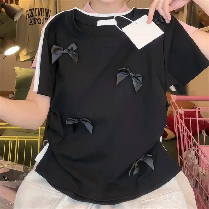 Women's T-shirt Short Sleeve T-Shirts Patchwork Casual Preppy Style Solid Color Bow Knot