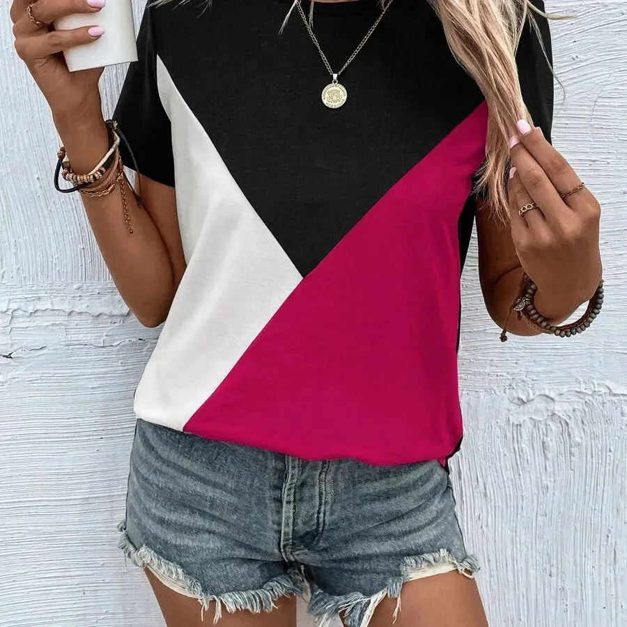 women's t-shirt short sleeve t-shirts patchwork contrast binding streetwear color block