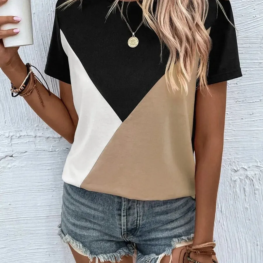 women's t-shirt short sleeve t-shirts patchwork contrast binding streetwear color block