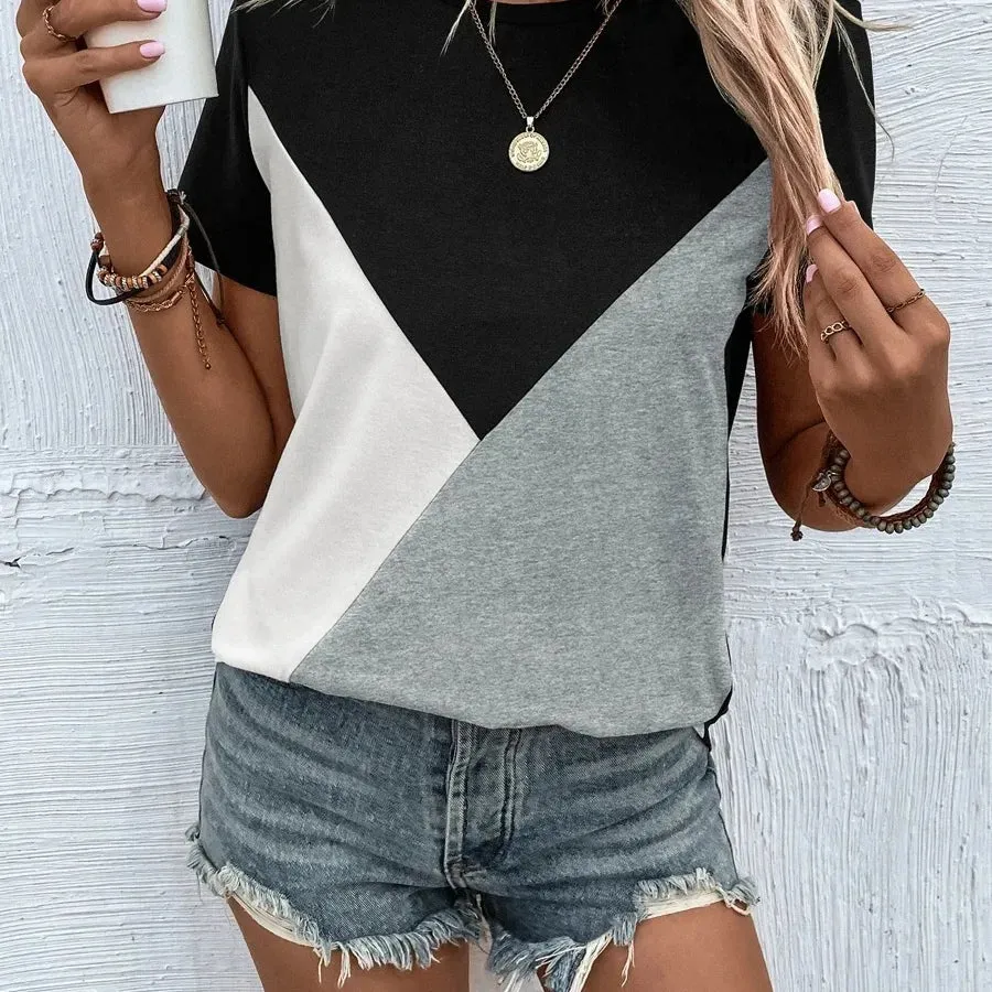women's t-shirt short sleeve t-shirts patchwork contrast binding streetwear color block