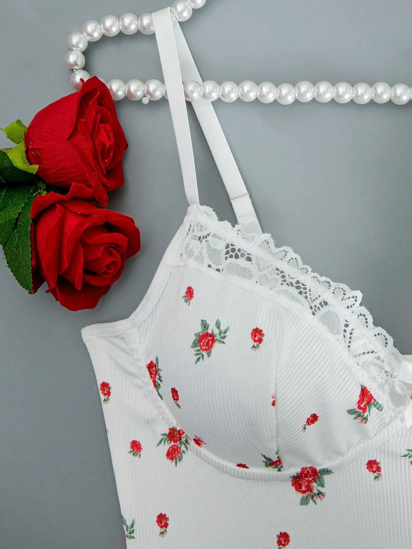 Women's White Heart Lace Patchwork Floral Print Sexy Lingerie Set